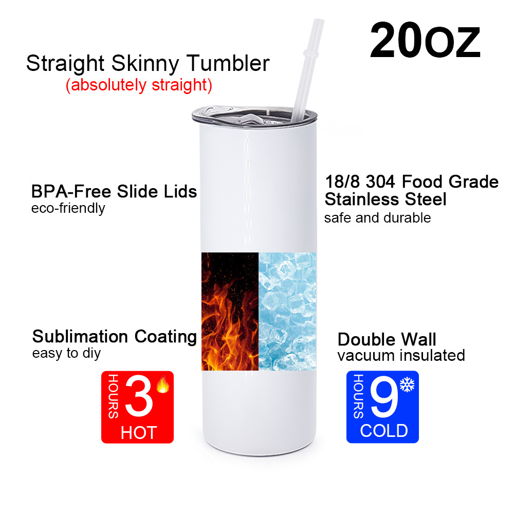 usa warehouse 20oz 30oz white sublimation blanks skinny straight double wall stainless steel sublimation tumblers with straw