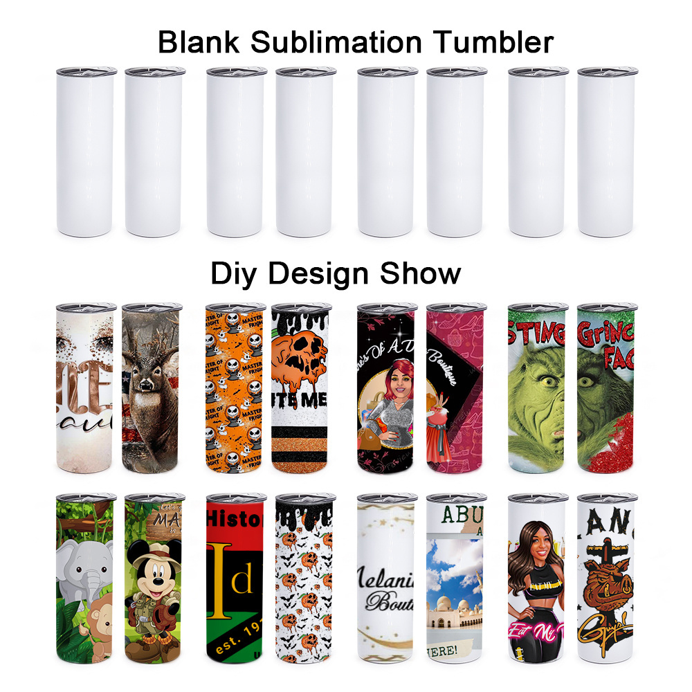 usa warehouse 20oz 30oz white sublimation blanks skinny straight double wall stainless steel sublimation tumblers with straw