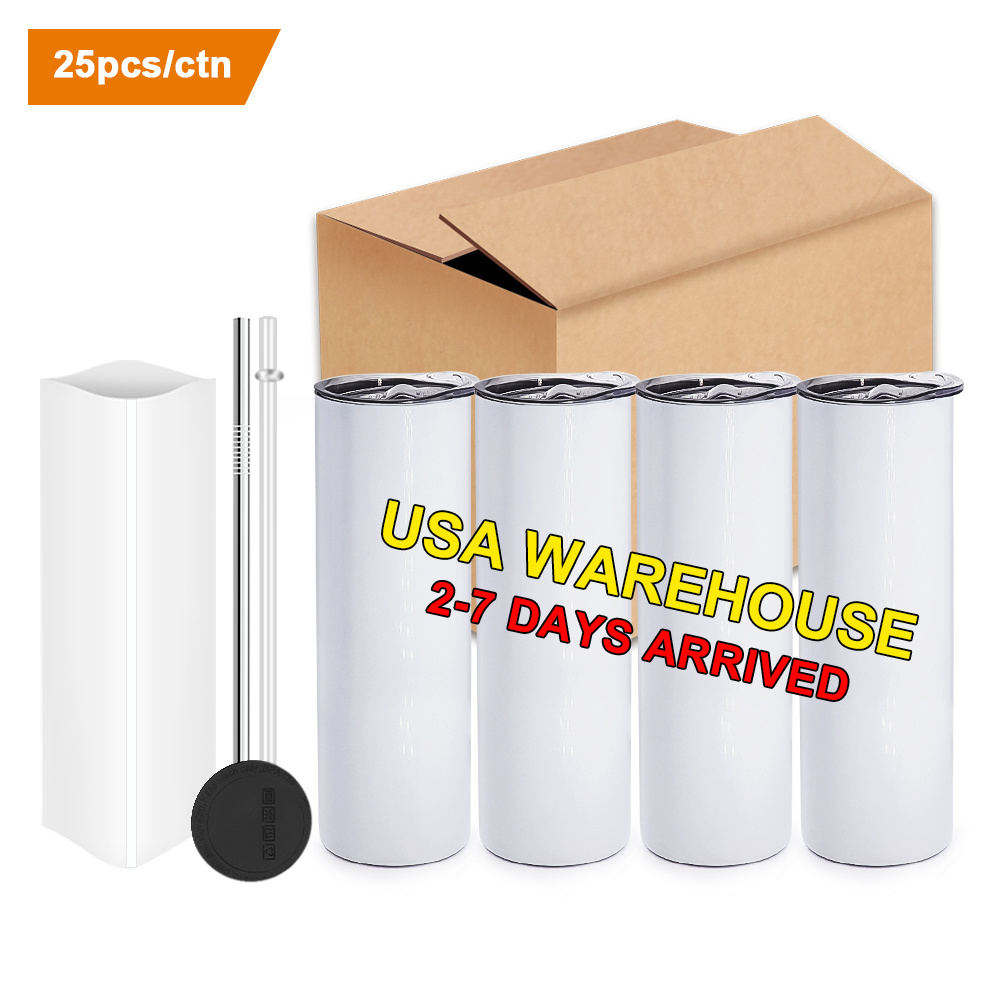 usa warehouse 20oz 30oz white sublimation blanks skinny straight double wall stainless steel sublimation tumblers with straw