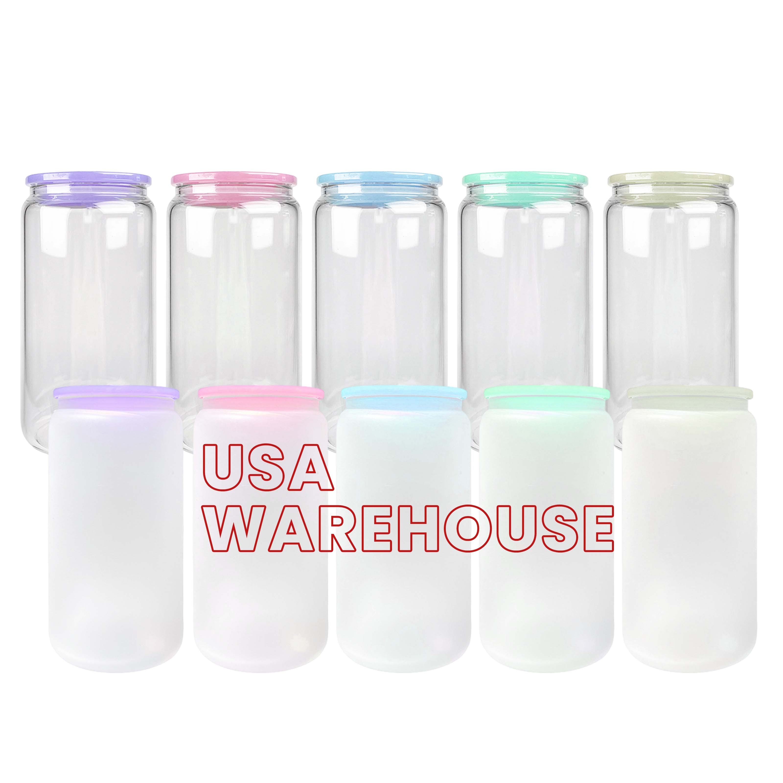 USA Warehouse 16oz High Borosilicate Frosted Clear Blank Sublimation Glass Beer Can Shaped Cup with Colorful Lids and Straw