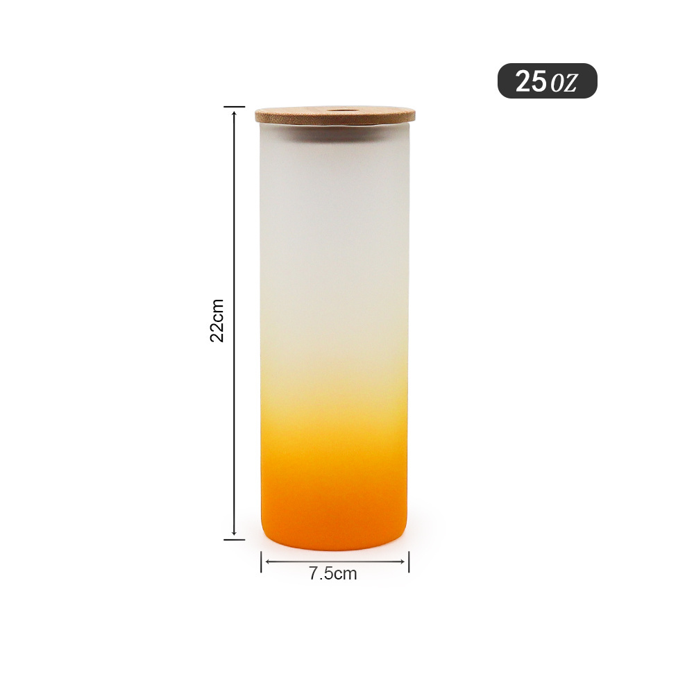 Wholesale 16oz 25oz straight frosted gradient colorful glass cup tumbler with wooden lidfrosted sublimation glass