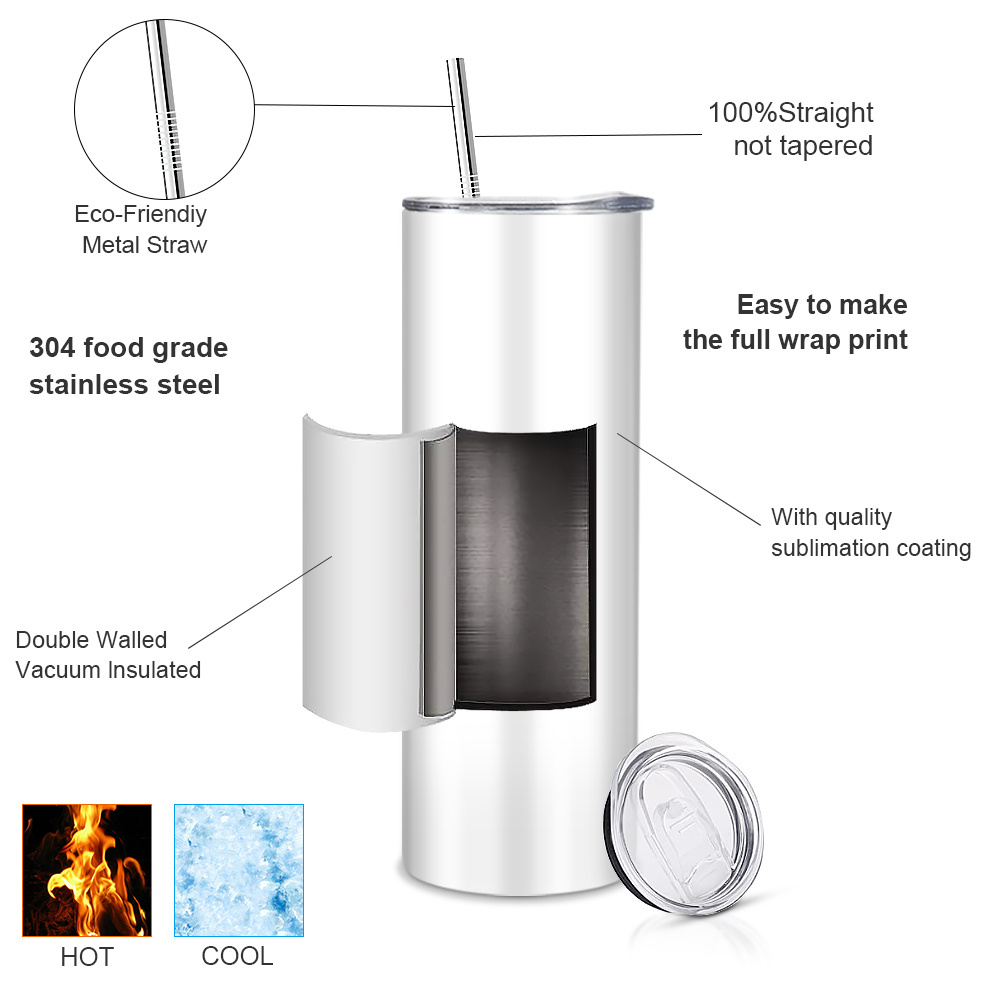 USA warehouse Wholesale 20oz 30oz skinny White Straight Sublimation Blanks Stainless Steel Tumblers With Straw and Rubber Bottom