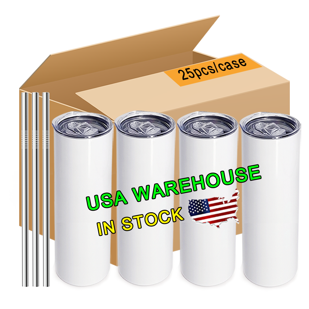 USA warehouse Wholesale 20oz 30oz skinny White Straight Sublimation Blanks Stainless Steel Tumblers With Straw and Rubber Bottom