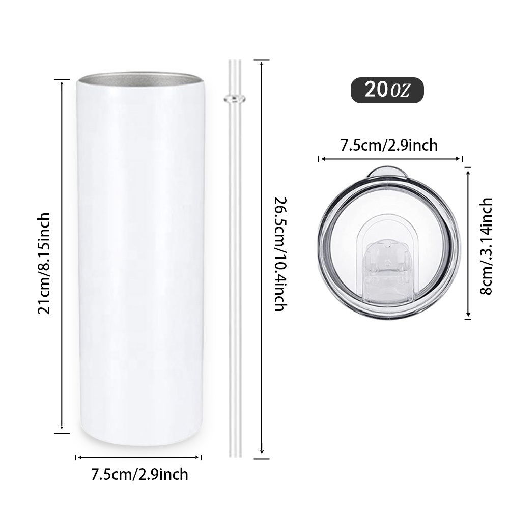 Tumblers Wholesale Bulk 20oz Double Wall Stainless Steel Insulated Straight Skinny Sublimation Tumbler with Straw and Lid