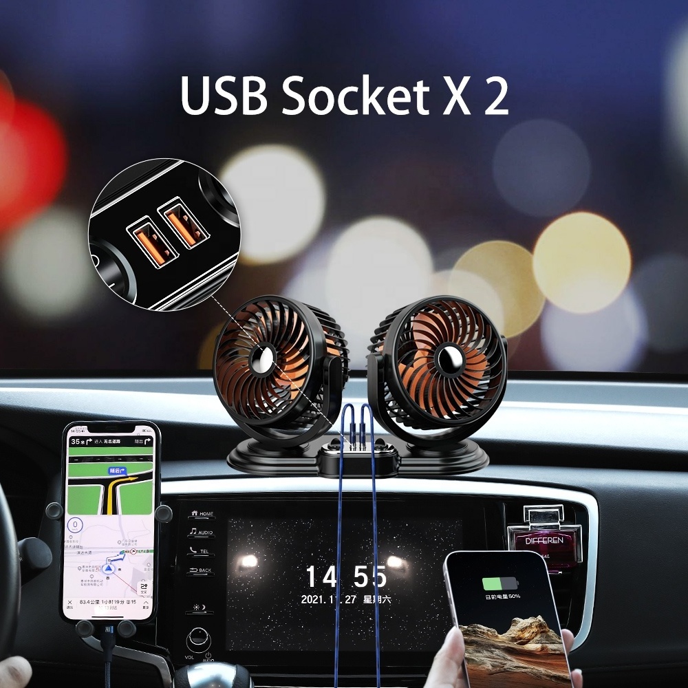 F621U car fan 12v cooling dc electric car fan 24v 360 rotatable car cooling dual fan for truck rv van suv dashboard