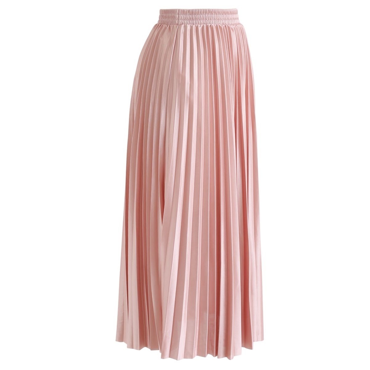 Full Pleated Midi Skirt in Solid Color Peach with Elastic Waistband Fashion and Casual OEM Women's Summer Woven 100% Polyester