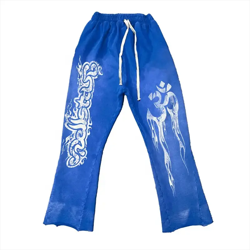 wholesale Acid Wash 100% Cotton Mens blank Sweatpants And Hoodie Set custom flare straight leg baggy stacked sweatpants