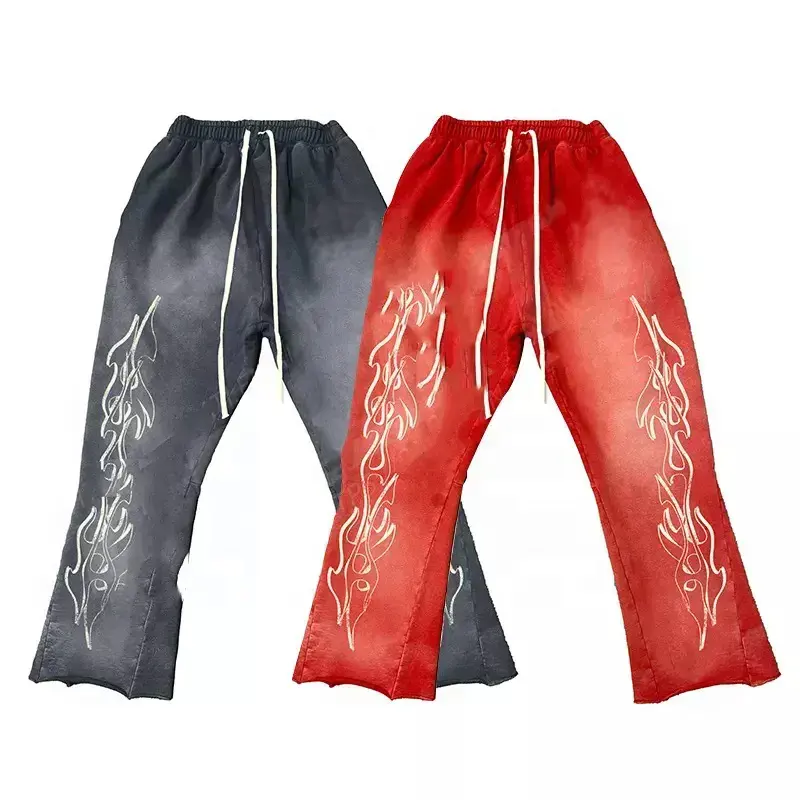 wholesale Acid Wash 100% Cotton Mens blank Sweatpants And Hoodie Set custom flare straight leg baggy stacked sweatpants