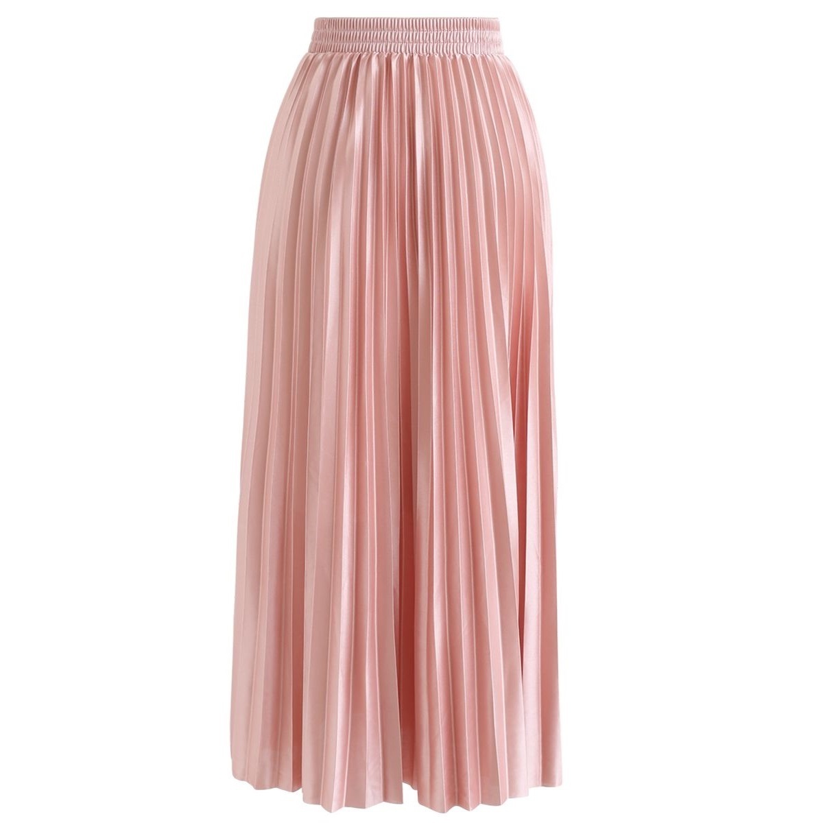 Full Pleated Midi Skirt in Solid Color Peach with Elastic Waistband Fashion and Casual OEM Women's Summer Woven 100% Polyester