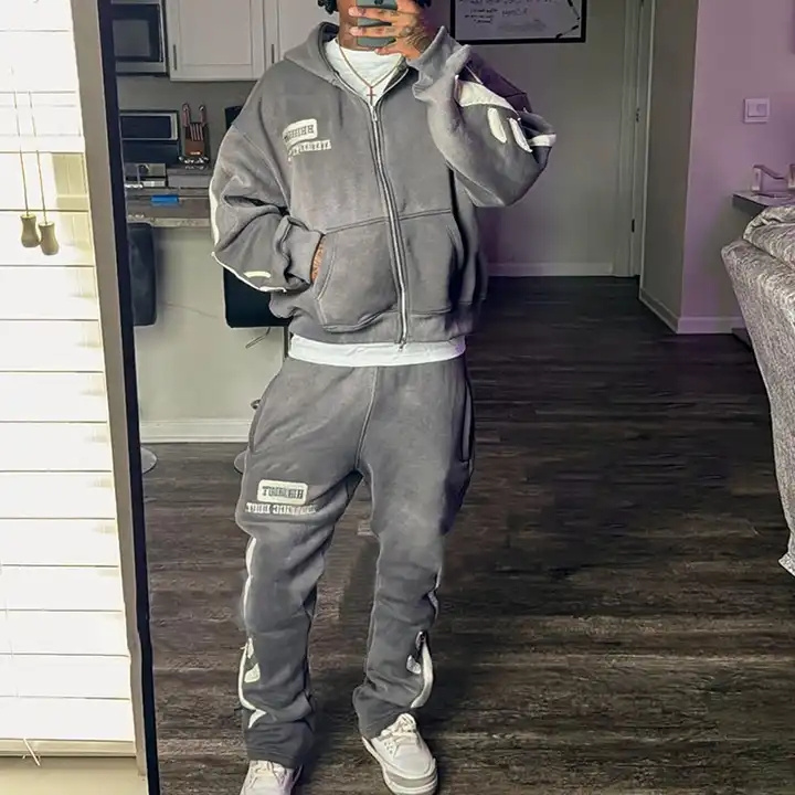 Custom Streetwear Acid Washed Sweat Suits mens Zipper Hoodies Tracksuit Joggers Suits stacked Flared Sweatpants And Hoodie Set