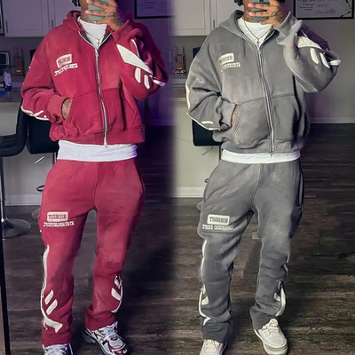 Custom Streetwear Acid Washed Sweat Suits mens Zipper Hoodies Tracksuit Joggers Suits stacked Flared Sweatpants And Hoodie Set