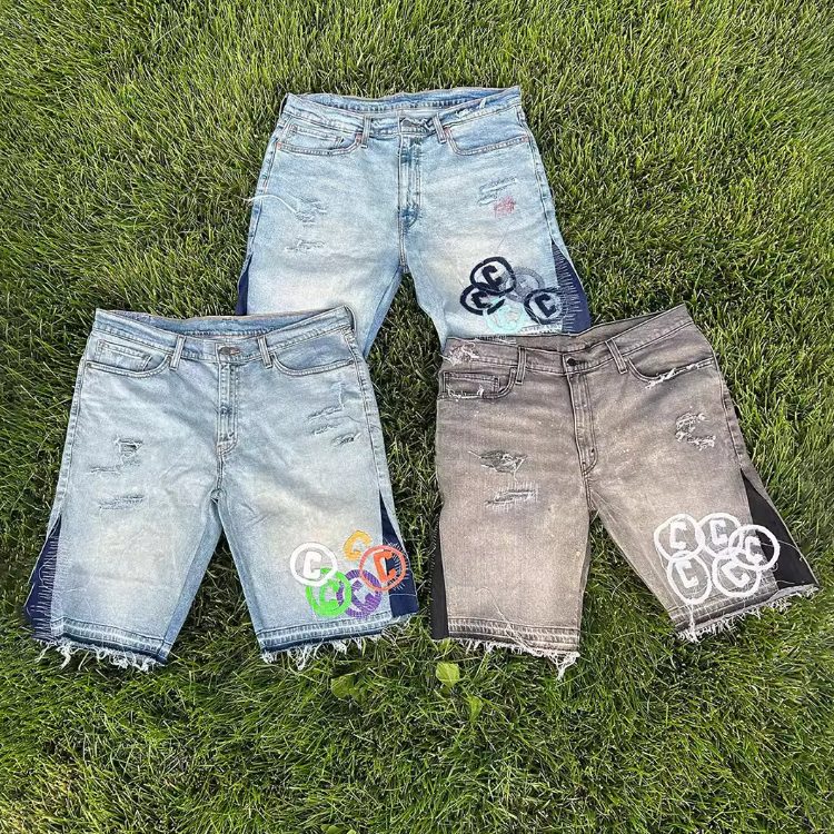 High Quality Heavy Weight Distressed Flared Denim Shorts custom mens cotton Jeans shorts For Men