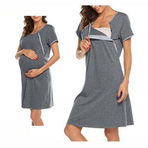 Womens Nursing Clothes Short Sleeve Breastfeeding Dress Cotton Maternity Dresses with Button