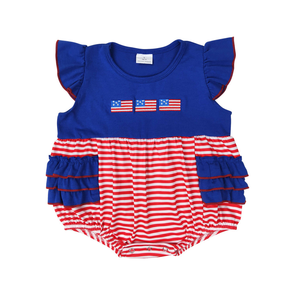 SR1211 Embroidered flag red and white stripes navy blue lace vest romper high quality rompers for baby girl