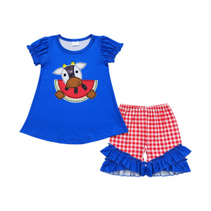 GSSO1048 Dairy cow watermelon blue short sleeve red plaid lace shorts set high quality wholesale kid clothing set for girl