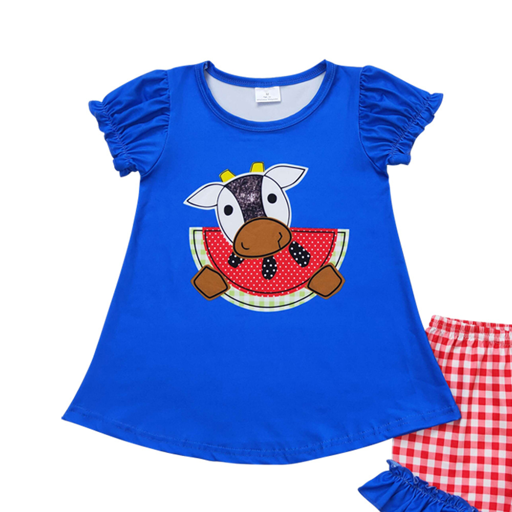 GSSO1048 Dairy cow watermelon blue short sleeve red plaid lace shorts set high quality wholesale kid clothing set for girl