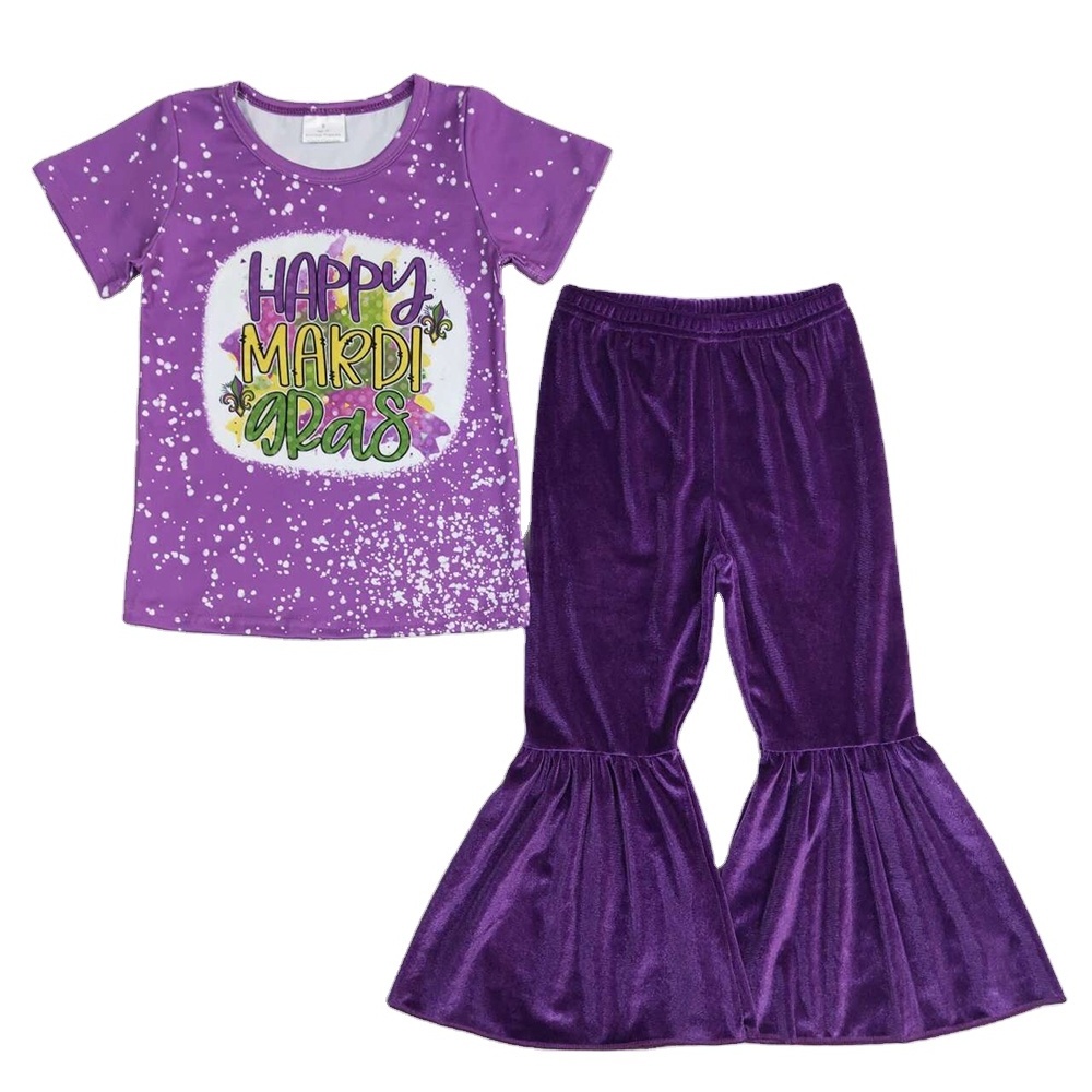 RTS Baby Girls Wholesale Toddler Mardi Gras Top Tee Shirts Tops Purple Velvet Bell Pants Boutique Outfits Clothing Sets