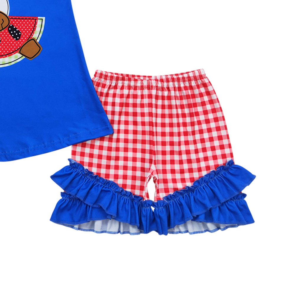 GSSO1048 Dairy cow watermelon blue short sleeve red plaid lace shorts set high quality wholesale kid clothing set for girl