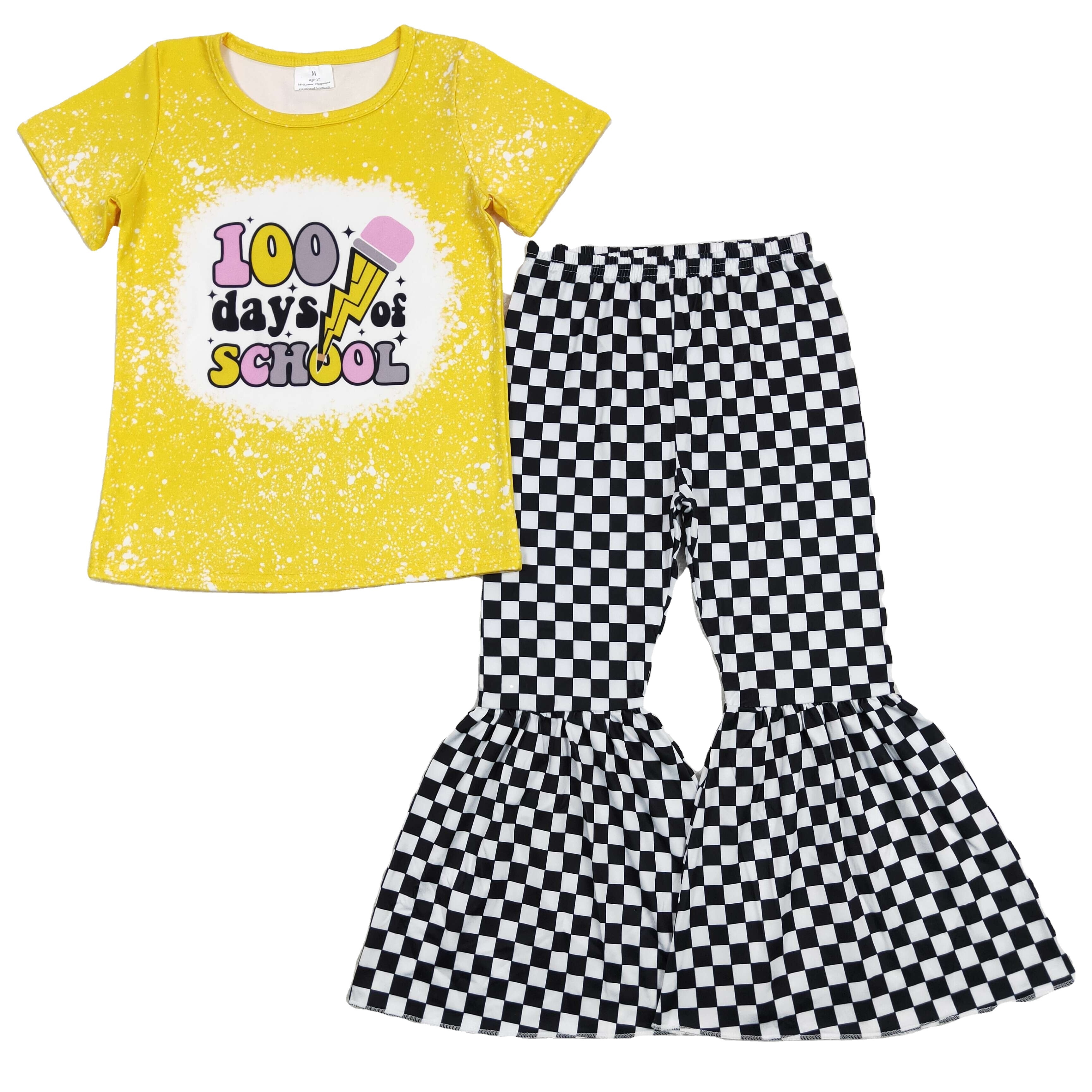 100 days school Outfits for baby girls Boutique wholesale popular Clothing Toddlers Kids short Sleeves bell bottom checked pants