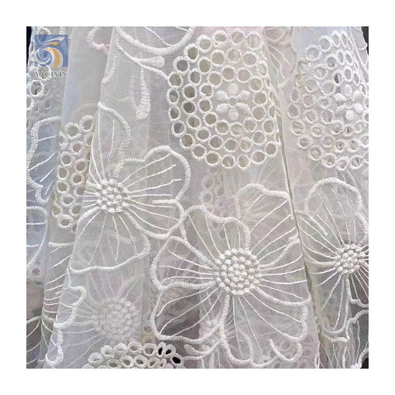 YX2732 New Fashion Lotus Flowers White Lace Fabric Polyester Chiffon Jacquard Hollow Embroidery Fabric