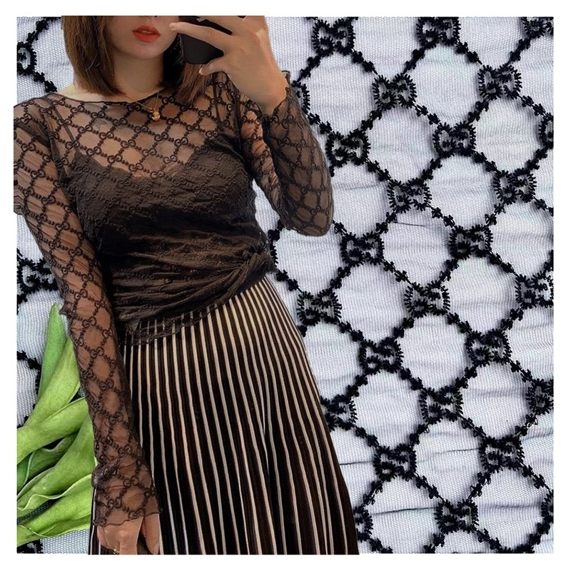 2024 Guangzhou Fashion Double GG Lace Fabric for Women Black Embroidery Double G Mesh Lace Fabric