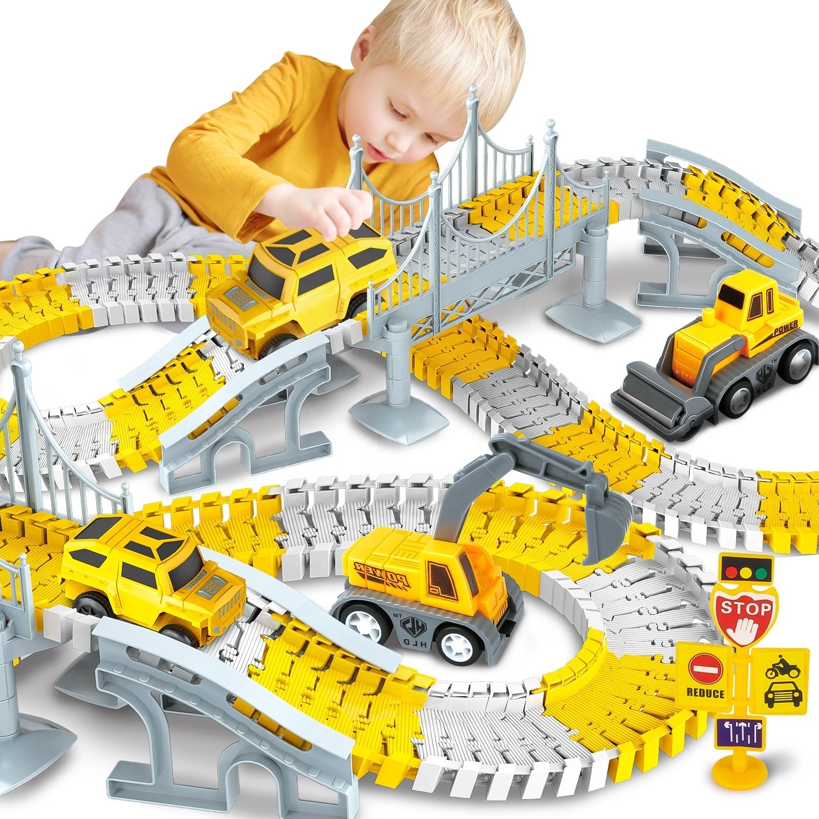 DIY Flexible Block Track Play Set With 3 PCS Construction Car 180 PCS Engineering Electric Race Tracks for Boys