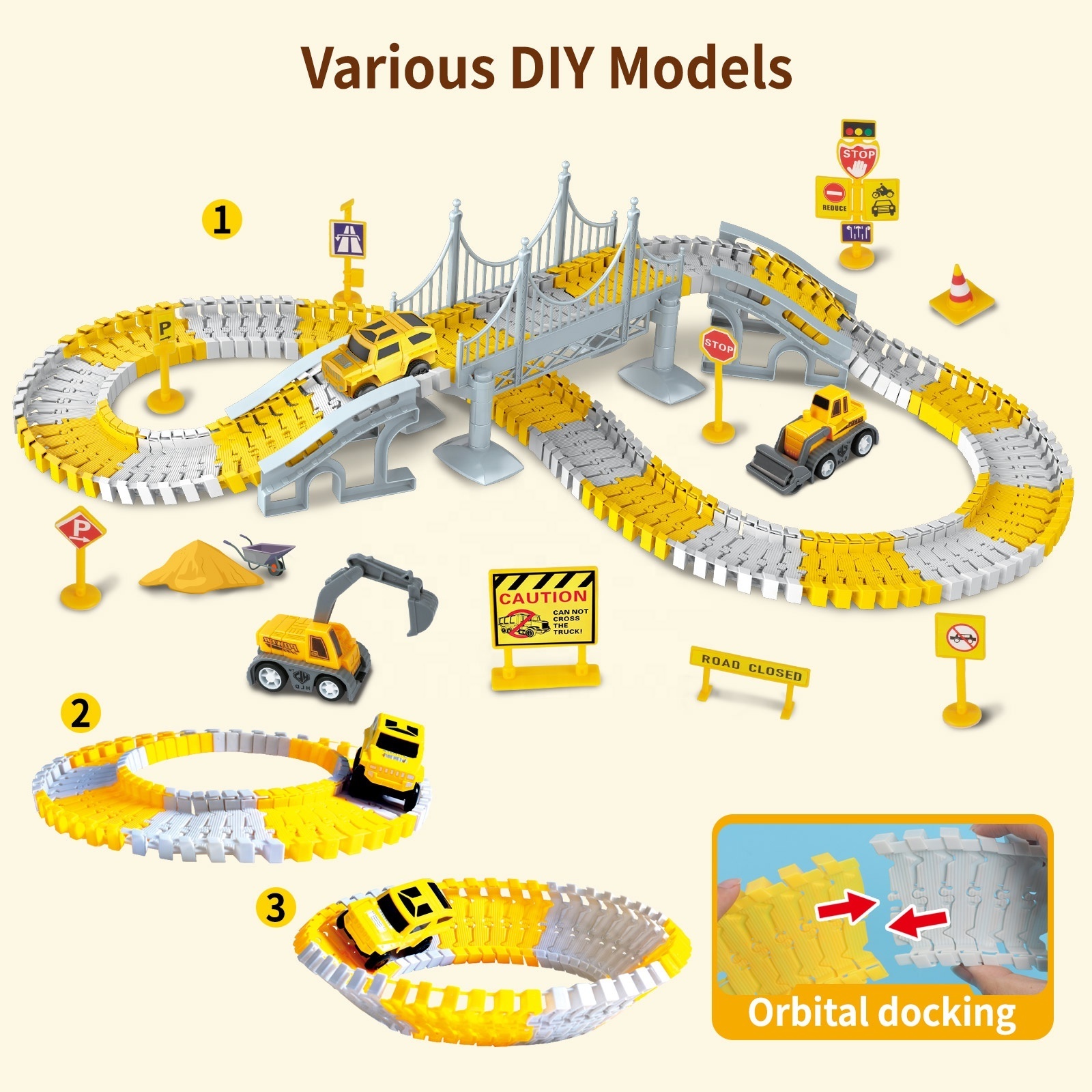 DIY Flexible Block Track Play Set With 3 PCS Construction Car 180 PCS Engineering Electric Race Tracks for Boys