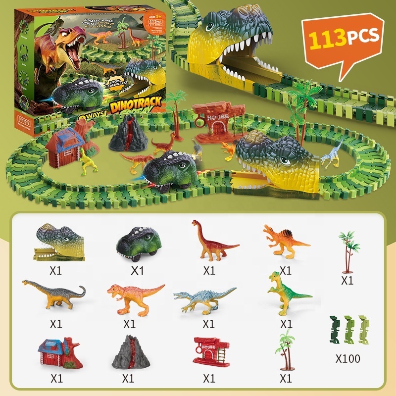 Construction toys Electric Dinosaur car train Dino World Slot Toys Play Set Dinosaur Racer Track Toys For Boys Kids