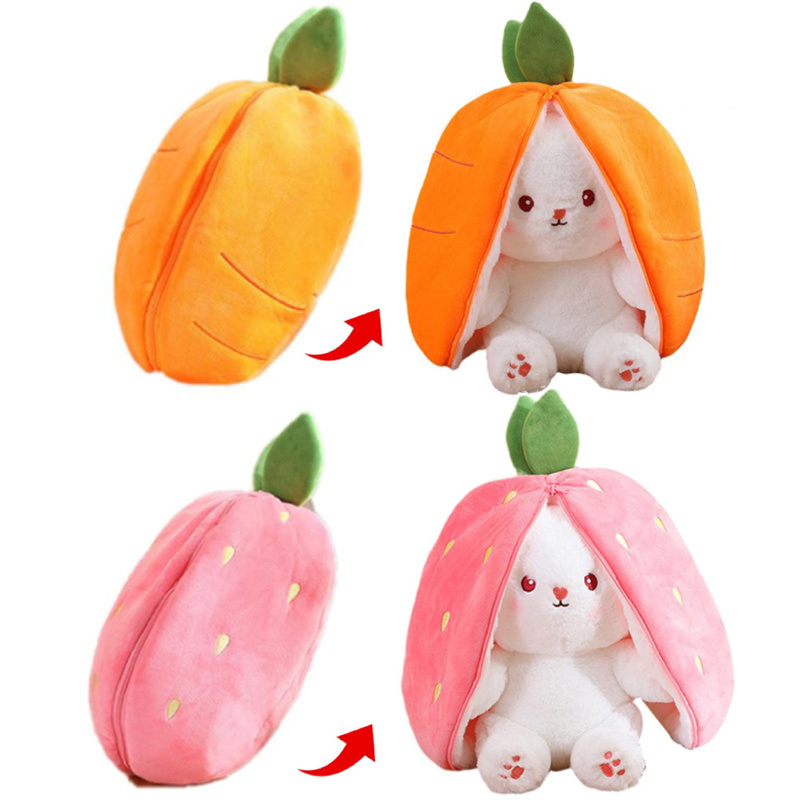 New Cosplay Strawberry Carrot Rabbit Plush Toy Stuffed Creative Bag Into Fruit Transform Baby Cuddly Bunny Plushie Doll for Kids