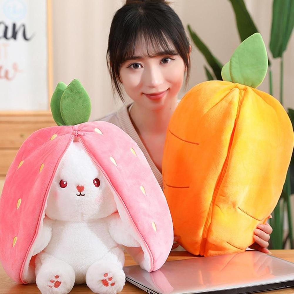 New Cosplay Strawberry Carrot Rabbit Plush Toy Stuffed Creative Bag Into Fruit Transform Baby Cuddly Bunny Plushie Doll for Kids