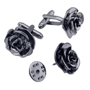 Black Metal Rose Flower Cufflinks and Brooch Lapel Pin Set for Men