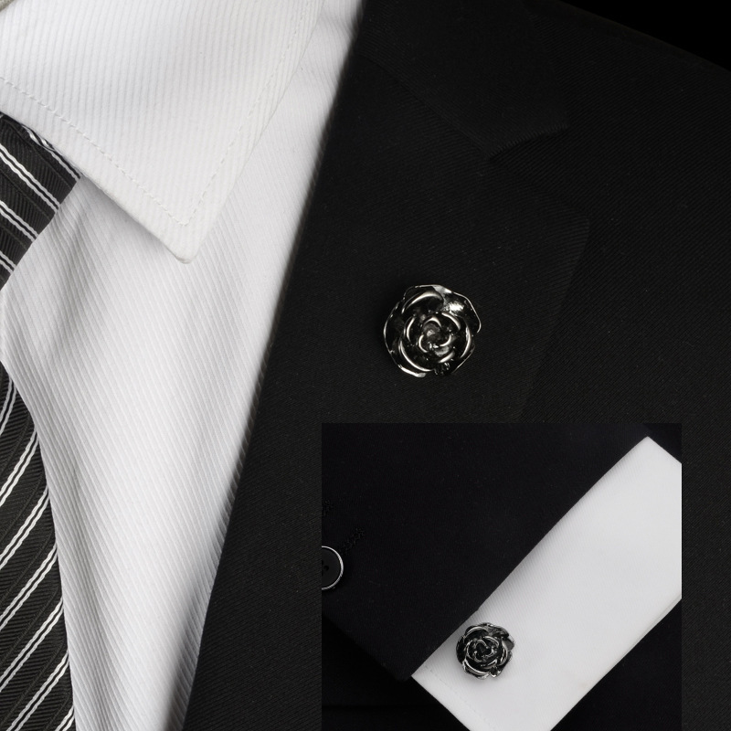 Black Metal Rose Flower Cufflinks and Brooch Lapel Pin Set for Men