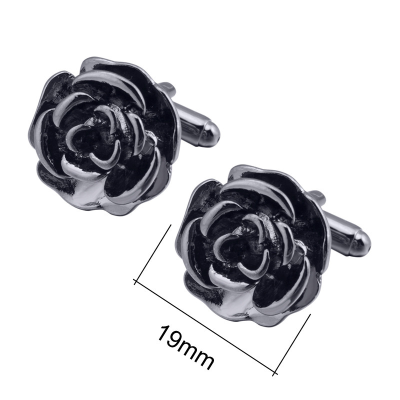 Black Metal Rose Flower Cufflinks and Brooch Lapel Pin Set for Men