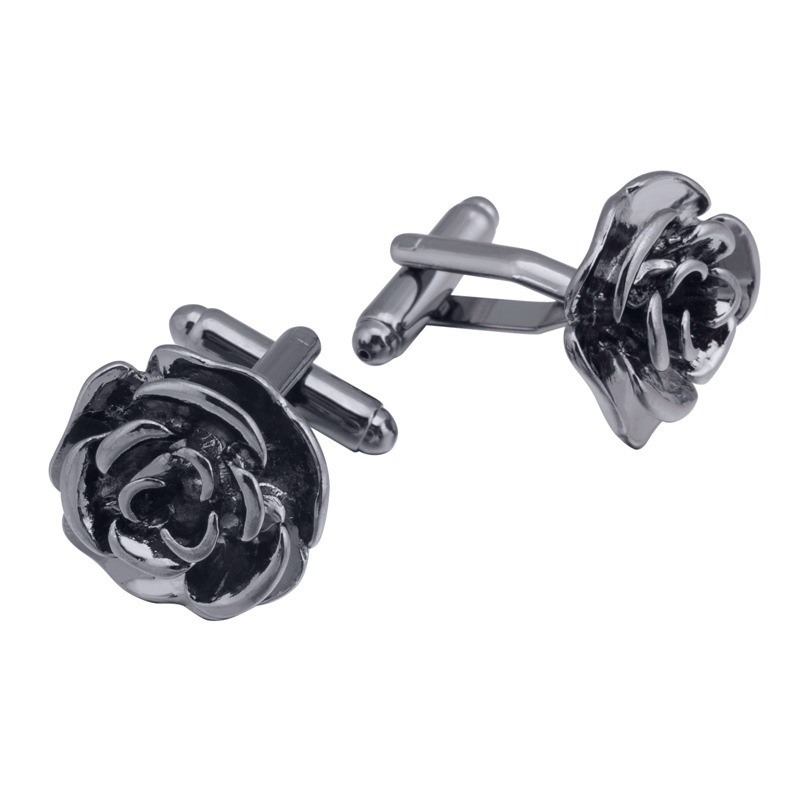 Black Metal Rose Flower Cufflinks and Brooch Lapel Pin Set for Men