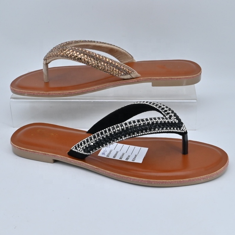 New diamond rhinestone flip-flop flat shoes outside wear design sense pinch toe slipper women's shoes