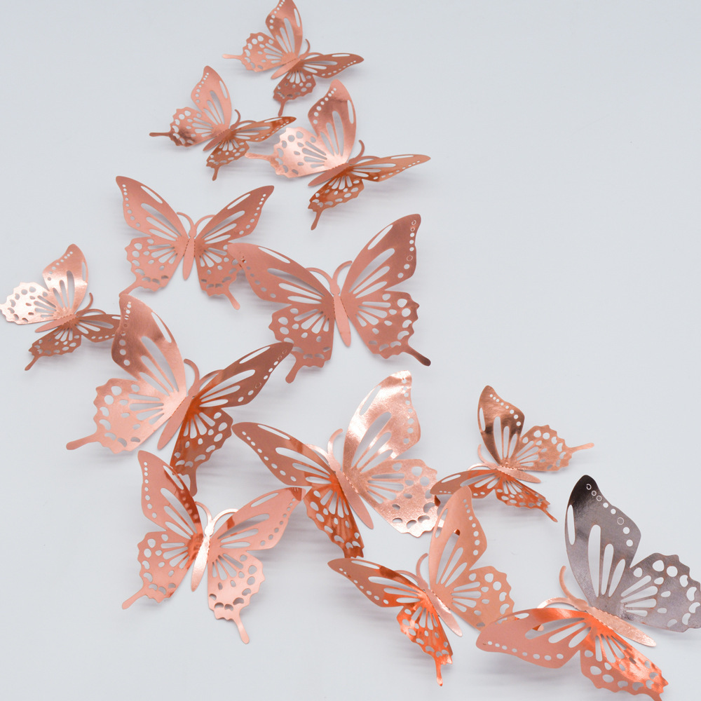 12pcs/pack Newest Style Rose Gold Silver Hollow 3D Butterfly Wall Decor Stickers For Home Room Wedding Decorations