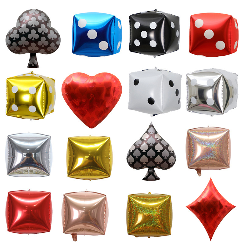 RTS 12 Inch 4D Square Black Dice Playing Cards Game Toys Foil Balloon Las Vegas Poker Casino Theme Party Decoration