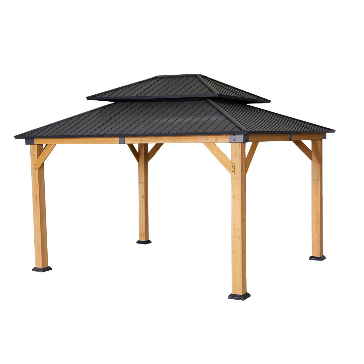 10x12 inch Outdoor Patio Garden Metal Hardtop Roof Solid Wood Gazebo with Privacy Curtains and Mosquito Netting