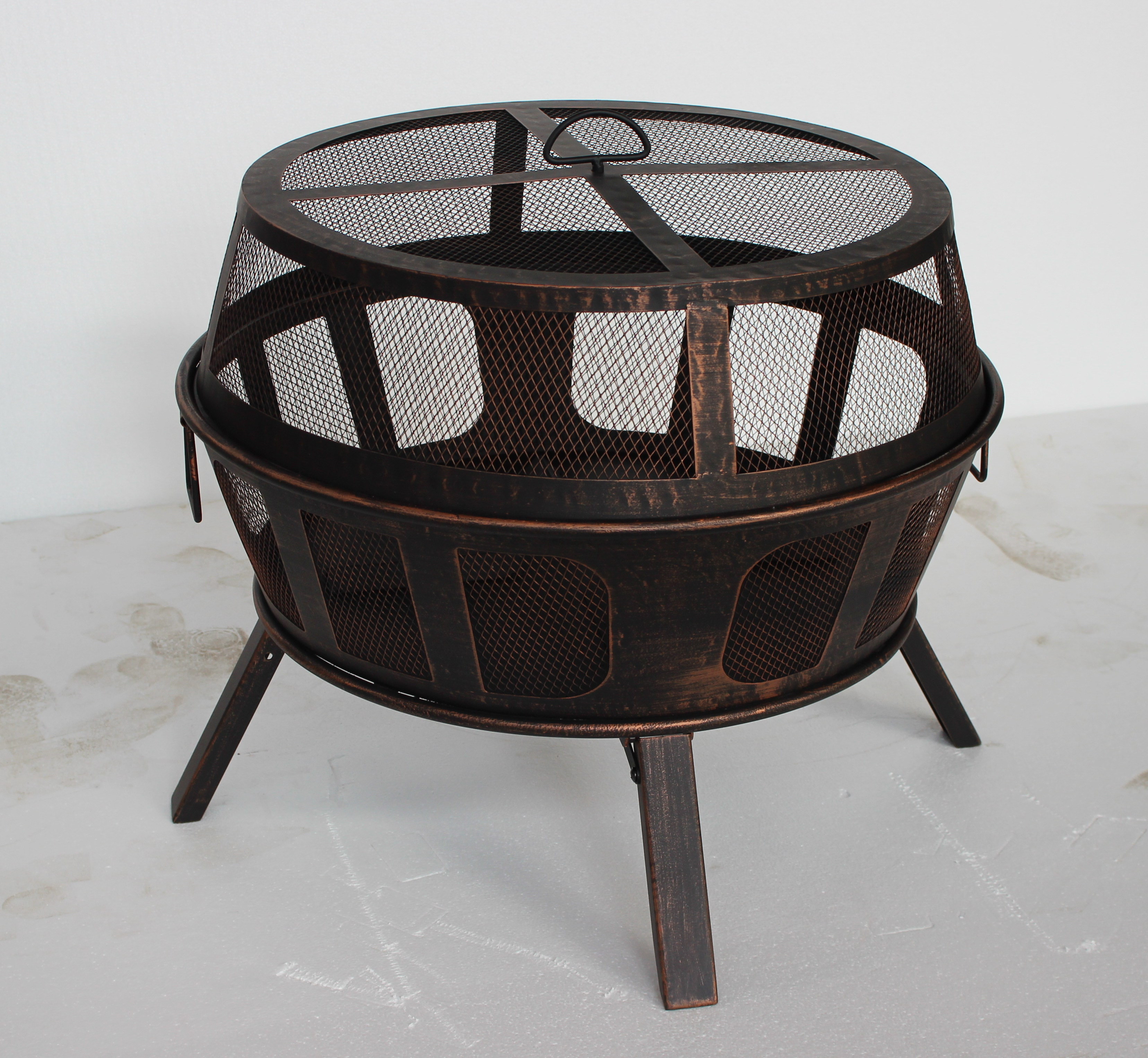 Copper Outdoor Bowl Camping or Backyard Steel Wood Burning Fire Pit with Spark Screen and Log Poker