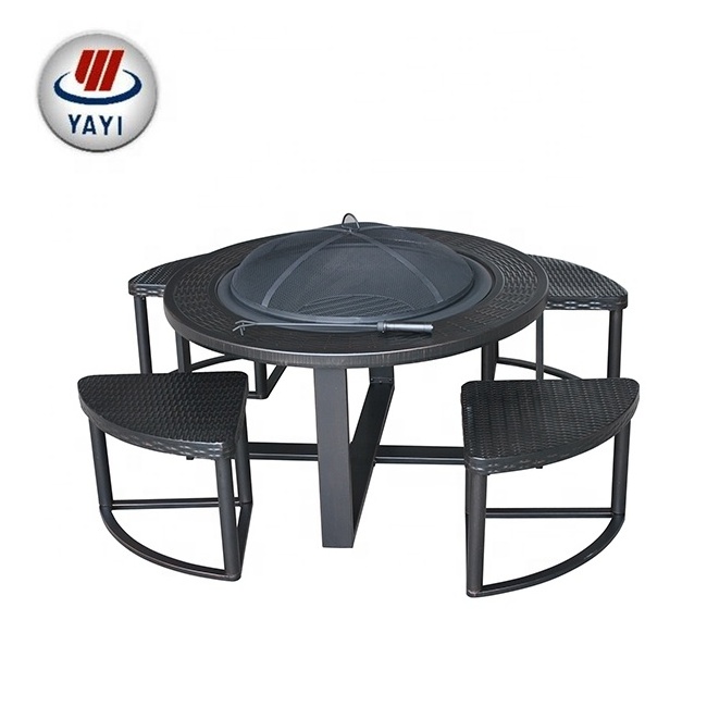 42 Inch Steel Material Wicker Fire Pit Dining Table Set Fire Pit Outdoor