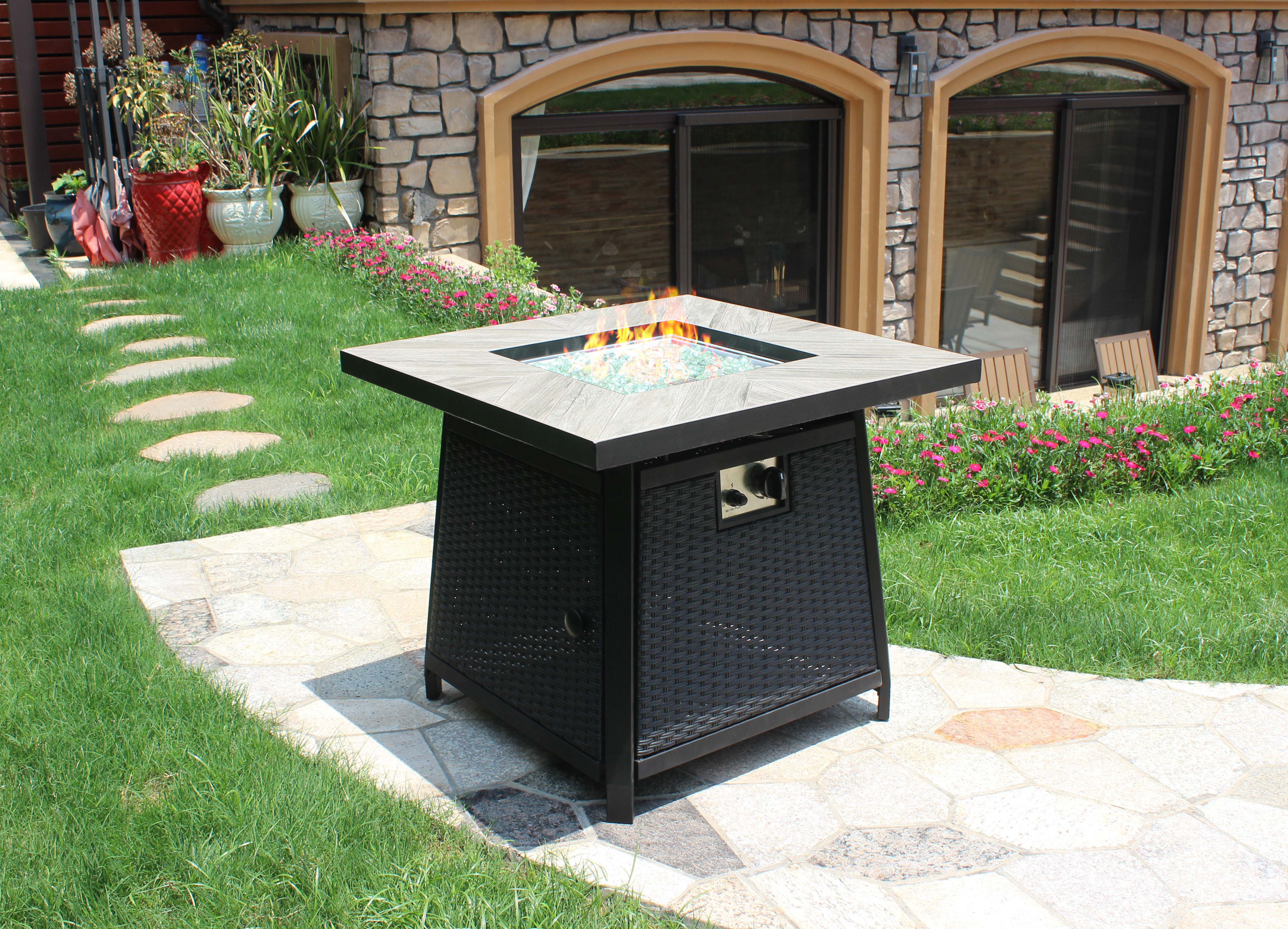 outdoor tile top rattan base  steel large gas fire place heater