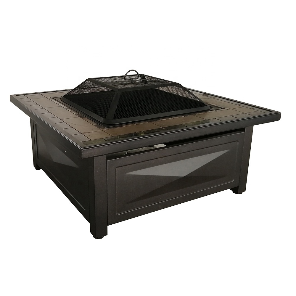 Outdoor Metal Square Table Backyard Patio Garden Stove Wood Burning Fire Pit with Spark Screen