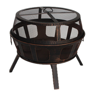 Copper Outdoor Bowl Camping or Backyard Steel Wood Burning Fire Pit with Spark Screen and Log Poker