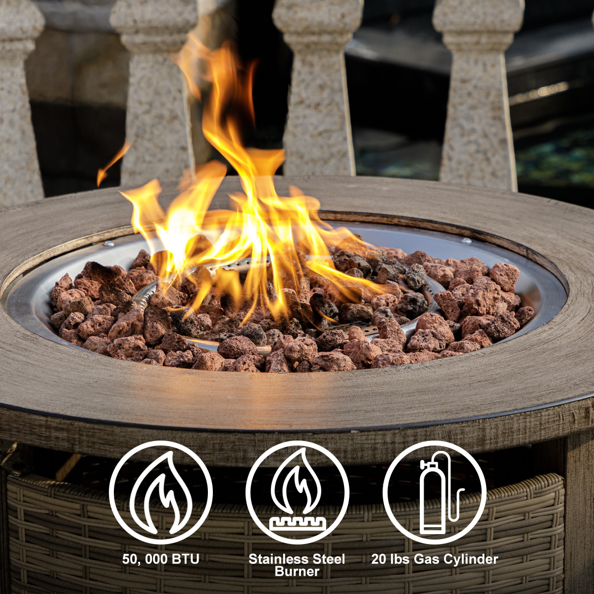 Outdoor  Wicker Patio Propane Wood Tabletop Propane Gas Fire Pit Table 50,000 BTU/14.65 KW