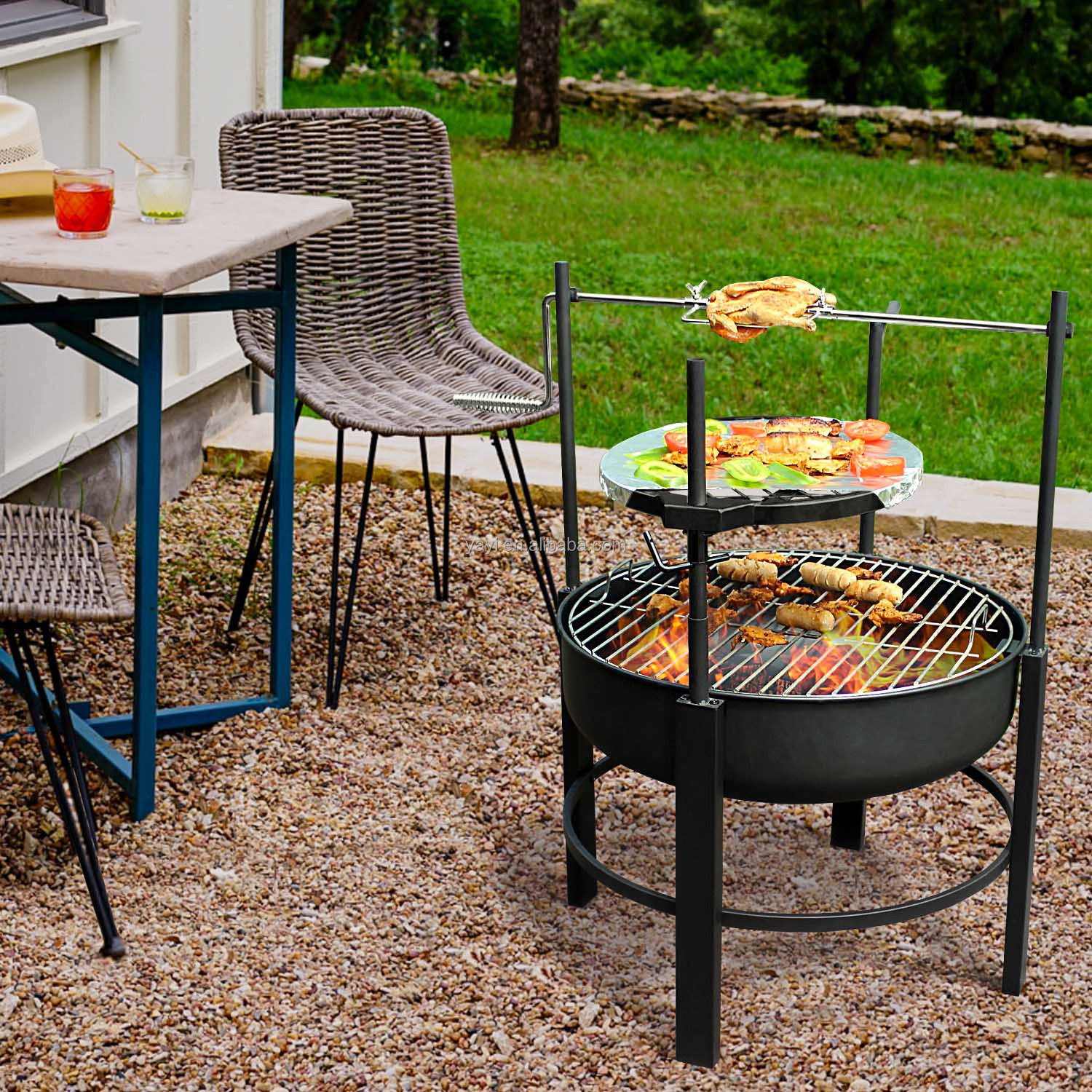 26 inch 3 in 1 wood burning outside fire pit with with barbecue roasting grill outdoor Backyard