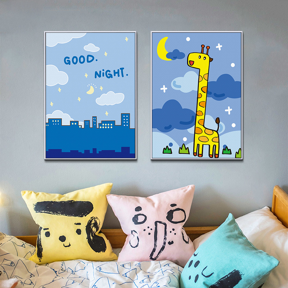 Custom hanging canvas painting good night child wall art giraffe animal sets kids room wall decor