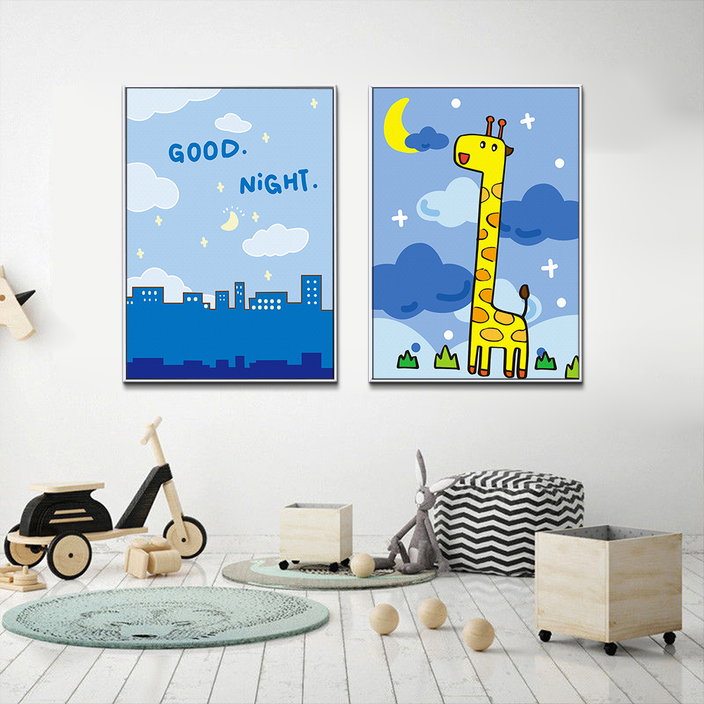 Custom hanging canvas painting good night child wall art giraffe animal sets kids room wall decor