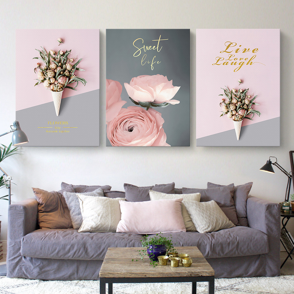 3 Panels Wholesale custom framed Flower picture Canvas Art