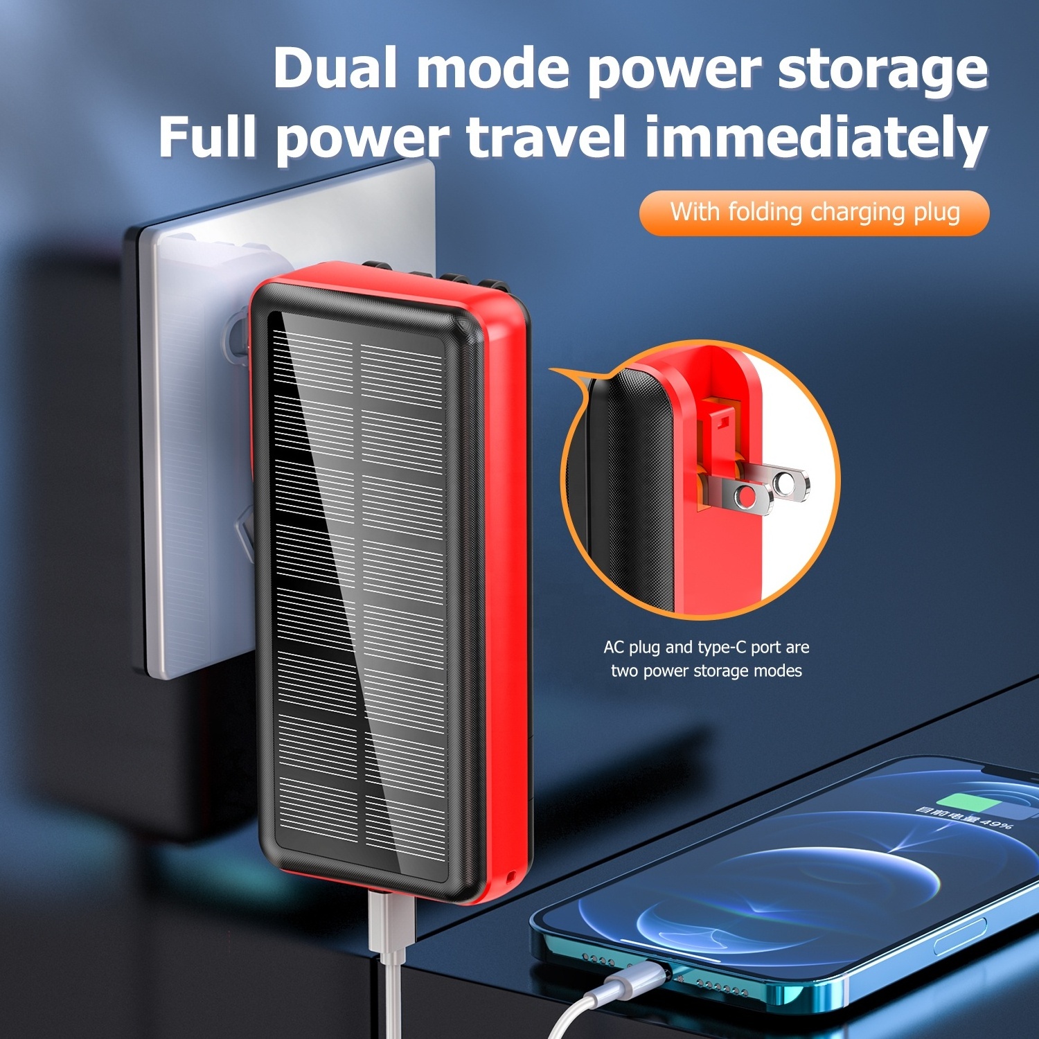 Hot Sell Fast Charging LED Light Phone Charger PD18W Outdoor External Battery Pack 30000mah Solar Power Bank