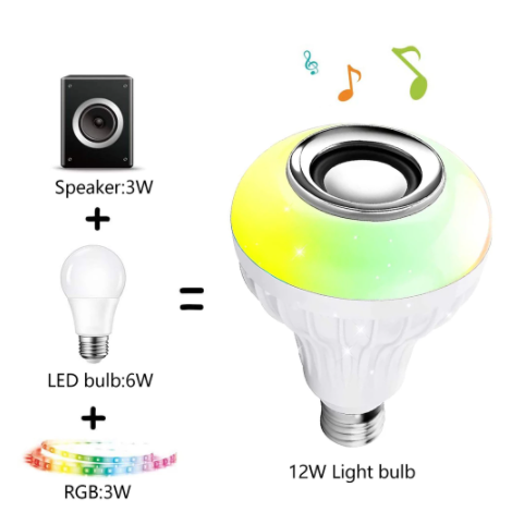 Smart E27 LED RGB White 12W  Wireless Bluetooth Speaker Bulb Lamp Colorful Changing Bulb Remote App Control Decor Home